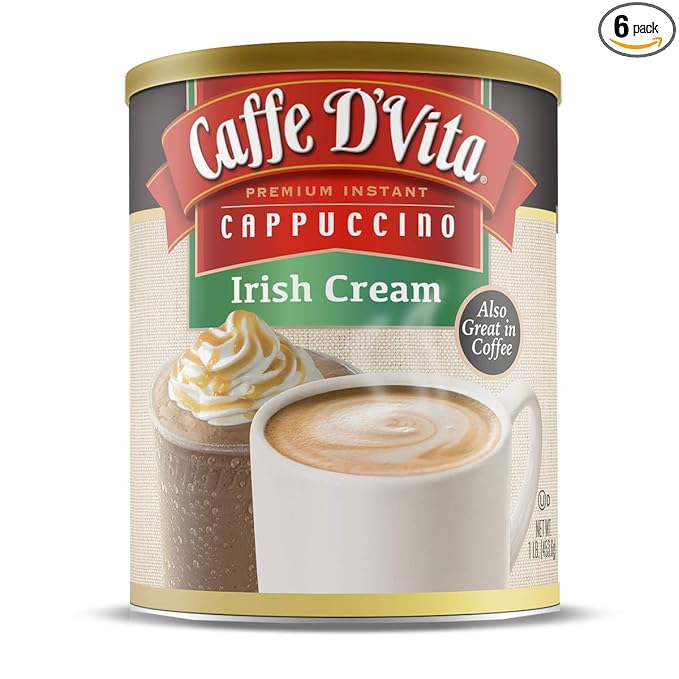 Caffe D’Vita Irish Cream Cappuccino Mix - Irish Cream Coffee, Irish Coffee, Gluten Free, No Cholesterol, No Hydrogenated Oils, No Trans Fat, 99% Caffeine Free, Instant Coffee - 16 Oz Can, 6-Pack