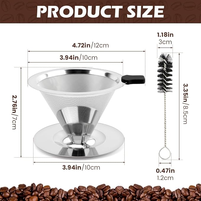 Pour Over Coffee Dripper, Stainless Steel Cone Coffee Filter with Base, Dual-Layer Fine Mesh Coffe Filter, Paperless Reusable Cone Coffee' Maker Dripper with Cleaning Brush(SIZE:S)