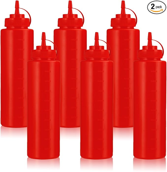 Squeeze Bottles for Sauces,Leak-Proof Condiment Dispenser, BPA-Free Kitchen Restaurant Squeeze Bottle Set with Wide Mouth for Ketchup, Mustard,Syrup,Dressings (Red, 6Pack-32oz(900ml))