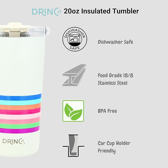 Drinco - 20 oz Stainless Steel Tumbler | Double Walled Vacuum Insulated Mug With Lid, 2 Straws, For Hot & Cold Drinks (20oz Stripe)