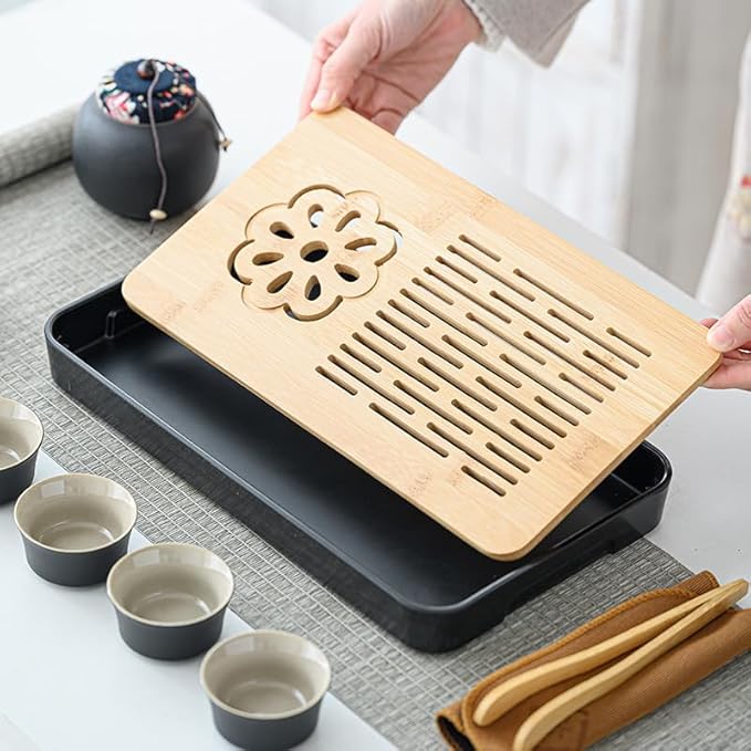 LURRIER Gongfu tea sets, Portable Ceramic TeaSet, Asian Tea sets for adult, Tea Gift sets, Grey leather case, Portable Travel Bag,Home,Gifting,Outdoor and Office(Black)