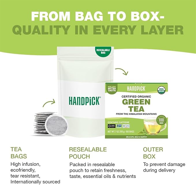 HANDPICK, Organic Green Tea Bags - 100 Eco-Friendly Tea Bags | USDA Organic | Resealable Pack for Freshness | Delicate & Flavory | Direct From India
