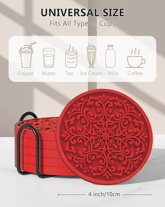 Drink Coasters, Coasters Set of 6 for Cup with Holder, Non-Slip Silicone Cup Mats for Hot and Cold Drinks, Cute Absorbent Coffee Bar Accessories Table Decor, Red