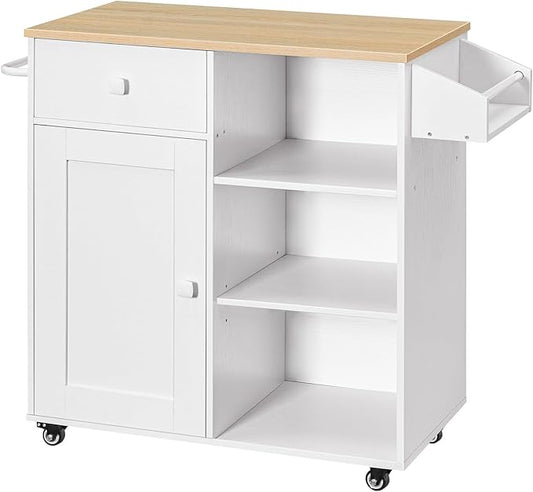 HOOBRO Kitchen Island, Storage Cabinet with Drawer, Kitchen Cart with Spice and Towel Rack, Saving Space, Easy Assembly, for Living Room, White and Natural WN12ZD01