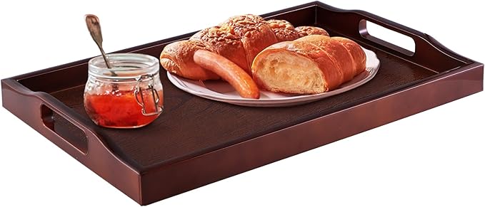 MDLUU Plastic Serving Tray, Ottoman Tray with Cutout Handles, Rectangle Butler Tray for Breakfast in Bed, Coffee Table Decor, Party (Red Brown)
