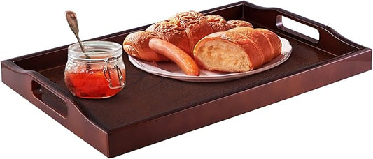 MDLUU Plastic Serving Tray, Ottoman Tray with Cutout Handles, Rectangle Butler Tray for Breakfast in Bed, Coffee Table Decor, Party (Red Brown)