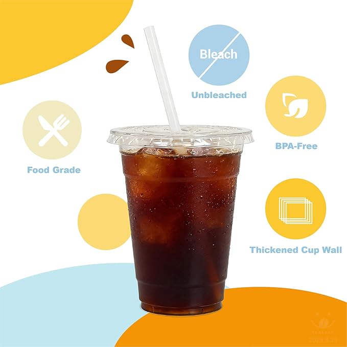Coolcap 16 oz 100 Pack Disposable Clear Plastic Cups with Lids and Straws, Food Safe Bulk Iced Coffee Cups for Smoothies, Milkshakes and Other Cold Drinks