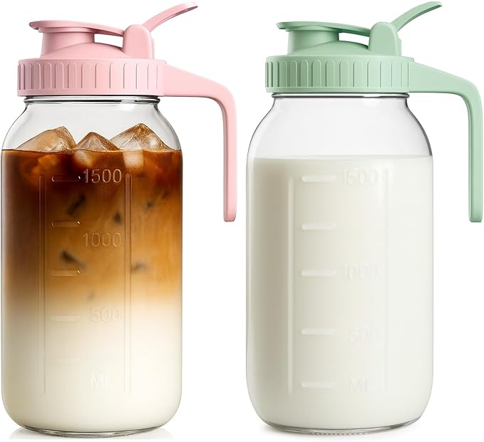 2 Pack - 64oz Glass Breast Milk Pitcher with Lid & Spout, Leakproof Mason Jar Breastmilk Pitcher - Wide Mouth, Airtight 2 Quart Water Jug for Milk Storage, Breastmilk, Sun Tea, Iced Coffee, Juice