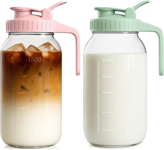 2 Pack - 64oz Glass Breast Milk Pitcher with Lid & Spout, Leakproof Mason Jar Breastmilk Pitcher - Wide Mouth, Airtight 2 Quart Water Jug for Milk Storage, Breastmilk, Sun Tea, Iced Coffee, Juice