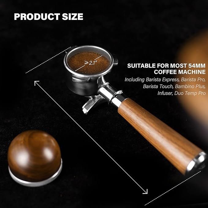 54mm Espresso Double Spouts Portafilter with 3 Ear | Fits 54mm Breville/Sage Barista Espresso Machine | Stainless Steel Basket and Walnut Handle | Espresso Accessories
