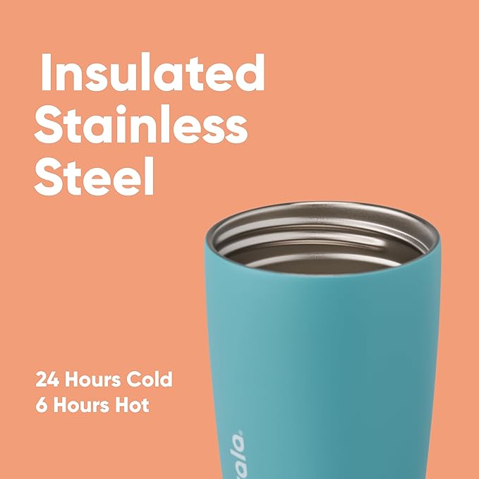 Owala SmoothSip Slider Insulated Stainless Steel Coffee Tumbler, Reusable Iced Coffee Cup, Hot Coffee Travel Mug, BPA Free 12 oz, Grey/Blue (Beachy Breeze)