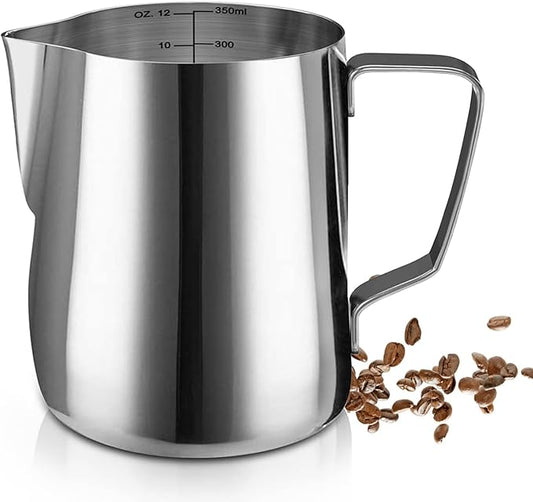 SIKEMAY Milk Frothing Pitcher Cup, 12oz/350ML Milk Frother Cup Stainless Steel Steaming Pitcher Milk Jug Coffee Latte Art Cappuccino Espresso Machine Accessories for Barista Steam Pitchers Tools