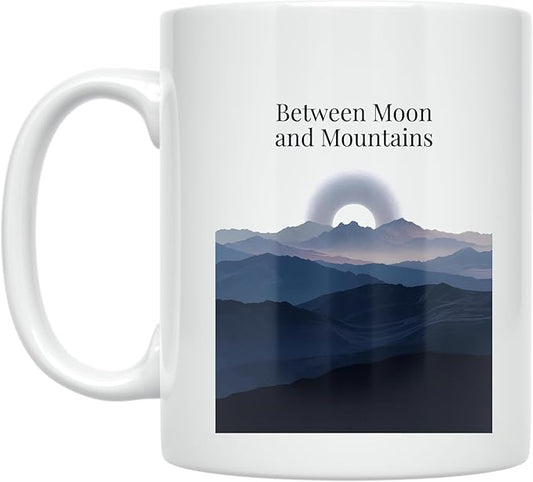 Celestial Mountain Lover Coffee Mug - Between Moon and Mountains - 11 oz White Ceramic - Minimalist Design