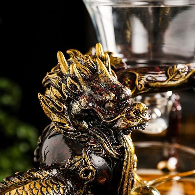 Glass Teapot Set with Infuser Semi Automatic Dragon Tea Set with 6 Small Cups (red golden dragon)