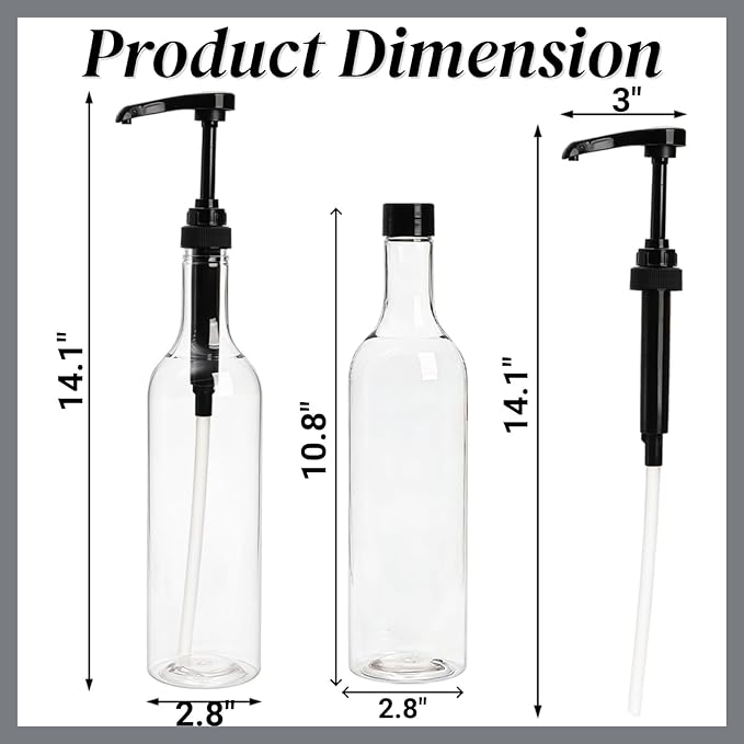 8 Pack 25.4Oz Coffee Syrup Dispenser, 750ml PET Syrup Bottles with Pump&Lid, Clear Plastic Long Neck Drinking Bottle Set for Coffee Bar Accessories Home Party Decor Flavored(Black)