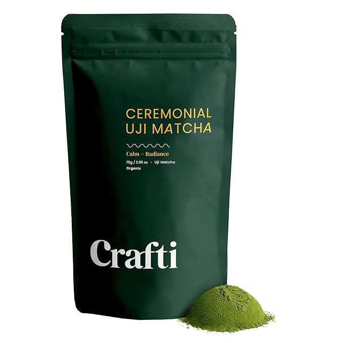Crafti Ceremonial Grade Matcha Powder (Organic) - Unsweetened Authentic Japanese Daily Matcha Green Tea Powder from Uji, Kyoto for Barista-Grade Lattes (75g / 2.65oz)