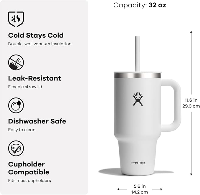 Hydro Flask Travel Tumbler with Handle, Lid and Straw - Insulated Stainless Steel in 32 Oz Oat Tan