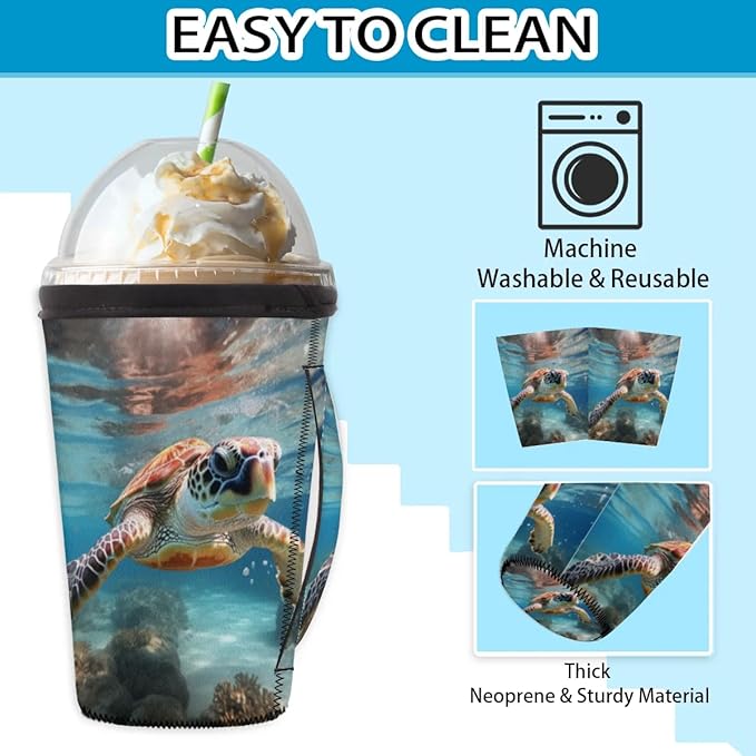 Reusable Iced Coffee Sleeve with Handle, Ocean Turtle Neoprene Cup Sleeve Hawaiian Sea Turtle Insulator Cup Holder for Cold Drinks Beverages 16oz - 18oz