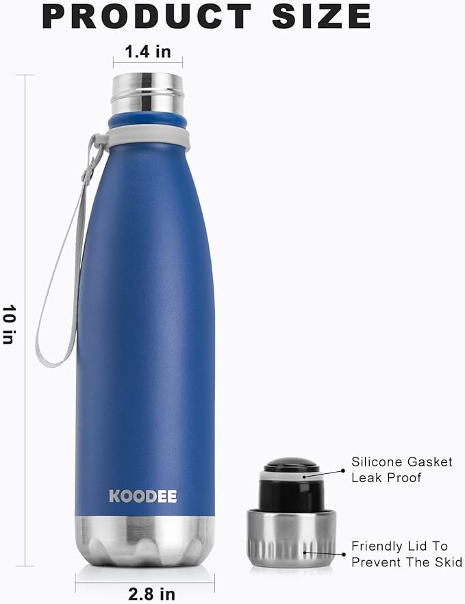 koodee Water Bottle-17 oz Stainless Steel Double Wall Vacuum Insulated Water Bottle for School, Cola Shape Leak Proof Sports Flask (Navy)
