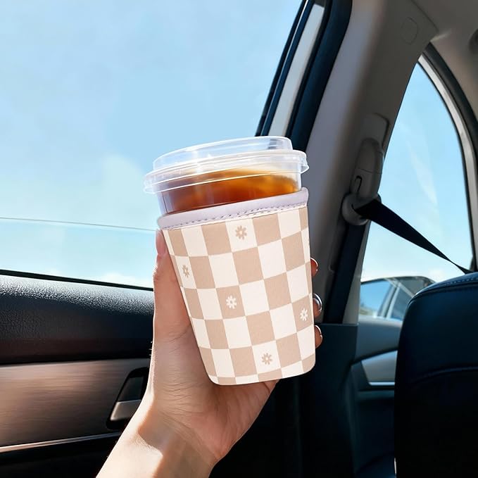 Reusable Insulated Sleeve for Iced Coffee Cup, Coffee Neoprene Sleeve for Cold & Hot Drinks, Beverage Holder for Iced Coffee (Floral Checkers, Small: 16-18oz)