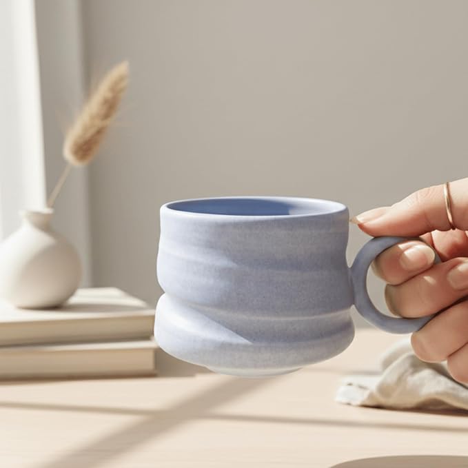 Handmade Ceramic Coffee Mug, 8.5 oz Rustic Stoneware Tea Cup, Microwave and Dishwasher Safe(Azure)