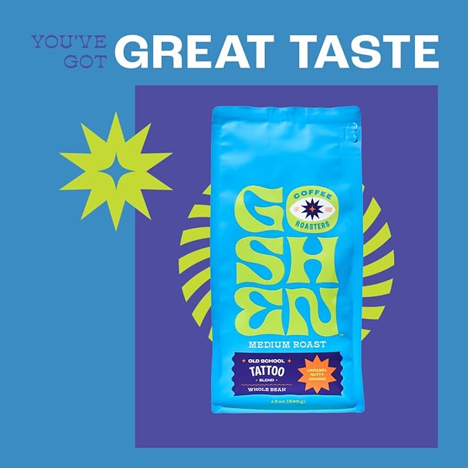 Goshen Coffee Roasters Whole Bean Old School Tattoo House Blend | Medium Roast, Brewed or Espresso | Award-Winning, Natural and Washed | Caramel, Nutty, Orange Flavors | 5 lb Bag