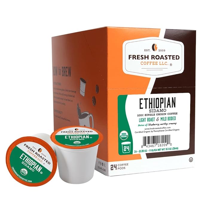 Fresh Roasted Coffee, Organic Ethiopian Sidamo |USDA Organic, 100% Single Origin, Kosher | Light Roast 24 Pods for K Cup Brewers