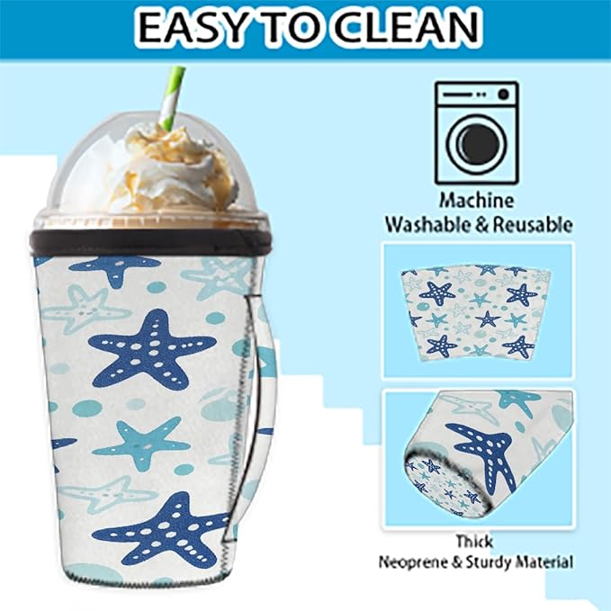 Blue Starfish Reusable Coffee Sleeves Iced Coffee Cozy Insulator, Summer Neoprene Holder with Handle for Cold Coffee or Ice Drink, Small 16-18oz