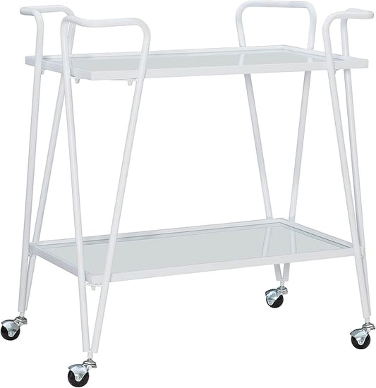 Gina White Mid-Century Bar Cart with Mirrored Shelves and Locking Wheels by Linon