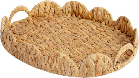 StorageWorks Elliptical Wicker Scalloped Tray, Rattan Serving Trays with Handles, Water Hyacinth Basket for Decorative & Organizing, 16.5" L x 13" W x 2.8" H