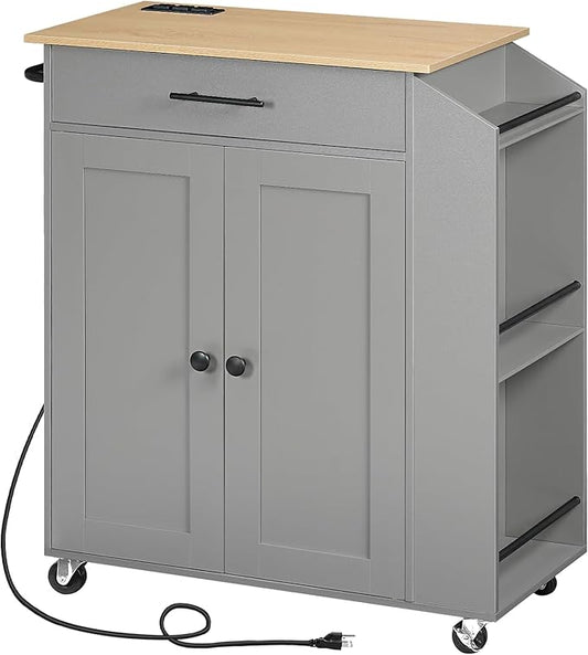 HOOBRO Kitchen Island with Power Outlet, Storage Island with Spice Rack and Drawer, Rolling Kitchen Cart on Wheels, for Home, Dining Room, Natural and Gray GN82UZD01
