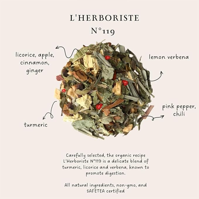 Palais des Thés Caffeine-Free Tea - L'Herboriste N°119 Organic Digestion Herbal Tea Blend Turmeric, Licorice & Verbena - Premium Tea Bags, Serves 20 Cups