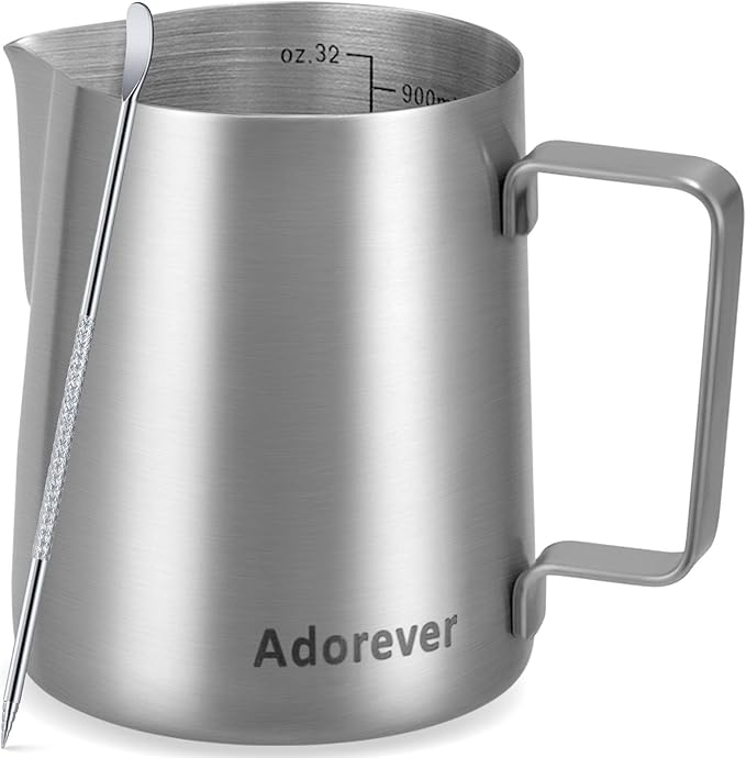 Milk Frothing Pitcher, 32oz Stainless Steel Milk Frother Cup Steaming Pitcher, Cappuccino Espresso Accessories Coffee Bar Barista Tools, Metal Steamer Cup Milk Jug with Latte Art Pen, Matte Steel