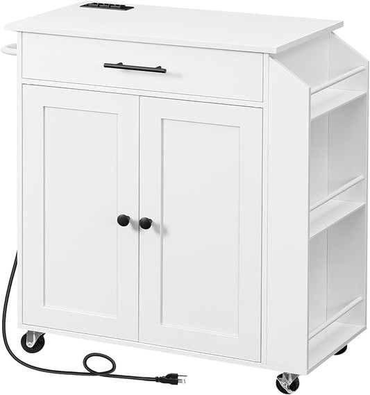 HOOBRO Kitchen Island with Power Outlet, Kitchen Storage Island with Spice Rack and Drawer, Rolling Kitchen Cart on Wheels, for Home, Kitchen and Dining Room, White WT82UZD01G1