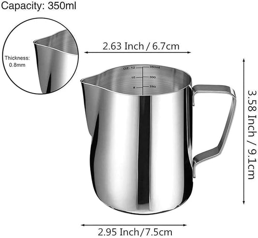 SIKEMAY Milk Frothing Pitcher Cup, 12oz/350ML Milk Frother Cup Stainless Steel Steaming Pitcher Milk Jug Coffee Latte Art Cappuccino Espresso Machine Accessories for Barista Steam Pitchers Tools
