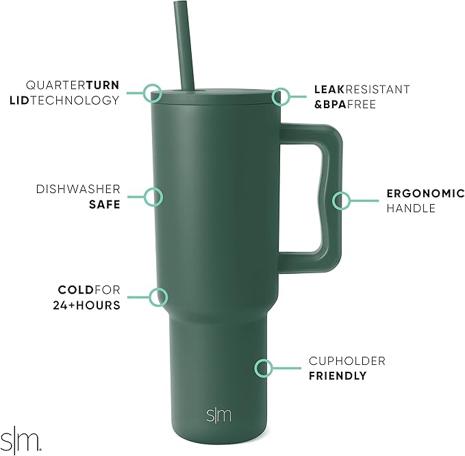 Simple Modern 40 oz Trek Tumbler with Handle and Straw Lid | Cup Holder Friendly Insulated Stainless Steel Travel Mug | Forest