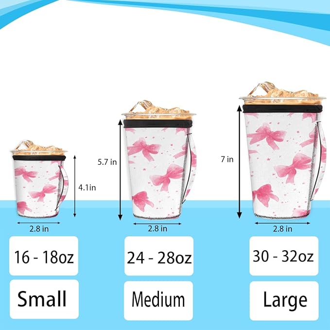 Pink Bows Reusable Coffee Sleeves Iced Coffee Cozy Insulator,Coquette Bow Neoprene Holder with Handle for Cold Coffee or Ice Drink, Large 30-32oz