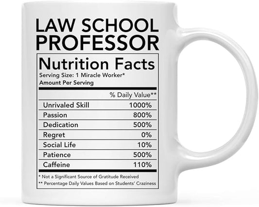 Andaz Press Funny 11oz. Ceramic Coffee Tea Mug Thank You Gift, Law School Professor Nutritional Facts, 1-Pack