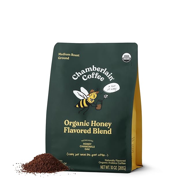 Chamberlain Coffee Organic Ground Honey Blend – Medium Roast Coffee Beans with Honey, Chamomile & Oak Notes – Smooth, Naturally Sweet, Balanced Flavor for Every Brew