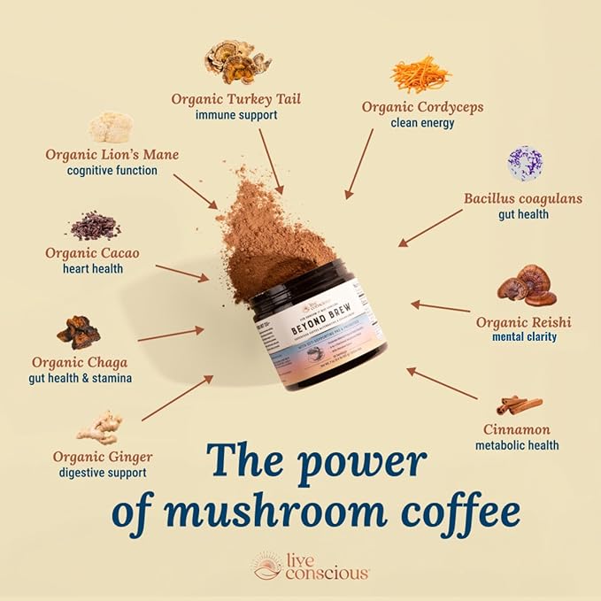 Live Conscious Beyond Brew - Coffee Alternative - Low Caffeine - Mushroom Complex w/Lion’s Mane, Reishi, Cordyceps & Chaga for Sustained Focus, Energy & Immunity - w/Prebiotics & Probiotics - 30