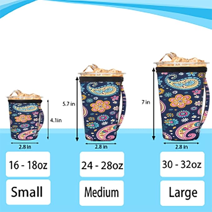 Reusable Iced Coffee Cup Sleeve Paisley Neoprene Insulated Sleeves Cup Holder with handle Idea for 24oz - 28oz