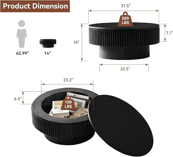 SZTHHDF Round Coffee Table for Living Room,Fluted Drum Accent Tea Center Table with Storage,Circle Modern Coffee Tables for Small Space Office Apartment (31.5" L×31.5''W×14''H-Black)