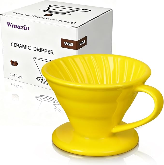 Pour Over Coffee Dripper - Ceramic Cup, Pour Over Coffee Maker Cone, Porcelain Cone, Easy Manual Brew Maker - Strong Flavor Brewer for Home, Cafe, Office - 1-4Cup, V60 Size 02 (Bright Yellow)