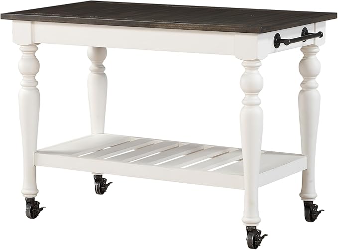Steve Silver Co Joanna Two Tone Kitchen Trolley Cart, Two Towel Rods, Bottom Shelf Storage, Classic Farmhouse Styling, Island on Wheels, Hardwood Solids, 28.5" D x 50.5" W x 36.5" H, White/Ivory