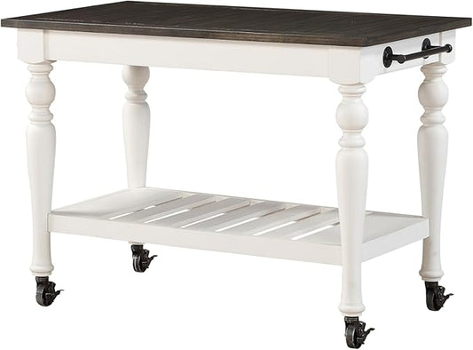 Steve Silver Co Joanna Two Tone Kitchen Trolley Cart, Two Towel Rods, Bottom Shelf Storage, Classic Farmhouse Styling, Island on Wheels, Hardwood Solids, 28.5" D x 50.5" W x 36.5" H, White/Ivory