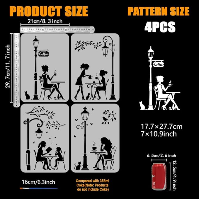 FINGERINSPIRE 4PCS Street Stencils 8.3x11.7 Inch with a Brush Street Lamps Coffee Pattern Stencils A4 Reusable City View Drawing Templates for DIY Painting on Wood Wall Canva Furniture Decoration