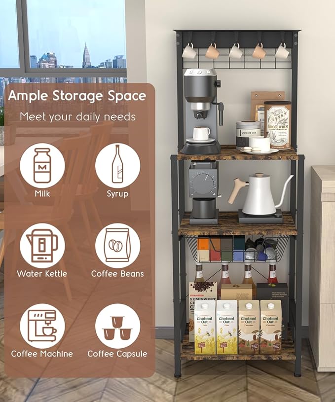 4 Tier Coffee Bar Station, Corner Bakers Rack with 5 Hooks & Wire Basket, Coffee Maker Stand for Small Space, Kitchen Storage Shelf for Entryway, Living Room, Café, Black, 16.5"x13"x47.8"