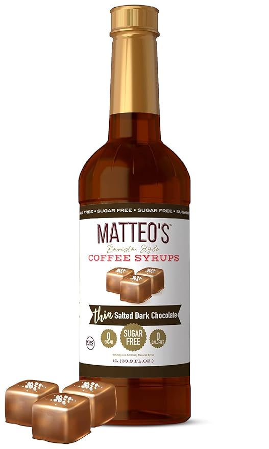Matteo's Salted Dark Chocolate Syrup for Coffee, Lattes, Cappuccinos & Desserts – Sugar-Free Sweetener for Beverages, Keto Friendly, Zero Calories, Indulgent Flavor, Non-Alcoholic, 33.8oz (1pk)