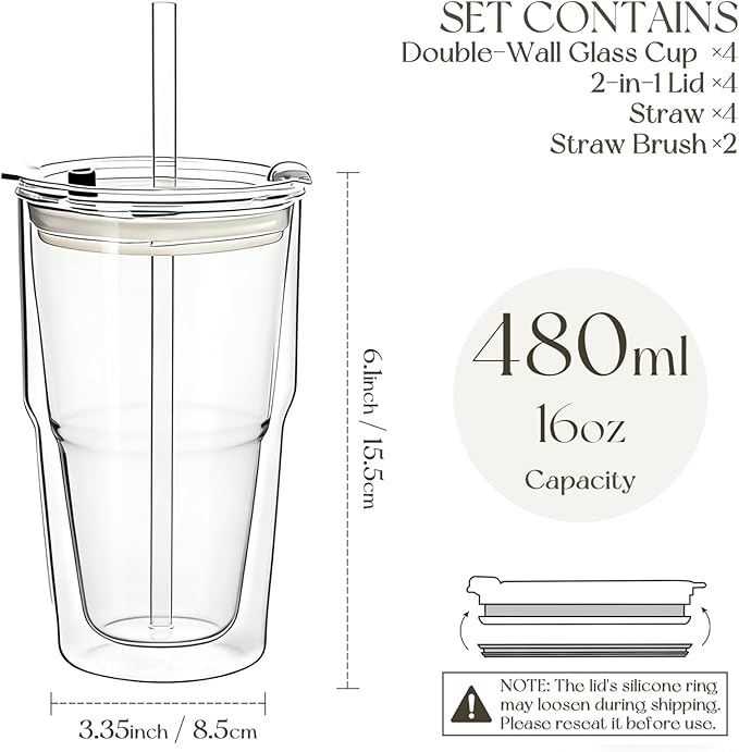 KEMORELA Set of 4 Double-Walled Glass Cups, 16 oz / 480 ml Insulated Tumblers for Iced Coffee, Latte, Matcha, Smoothies, Bubble Tea & Cold Drinks – Clear Modern Glassware, Dishwasher Safe