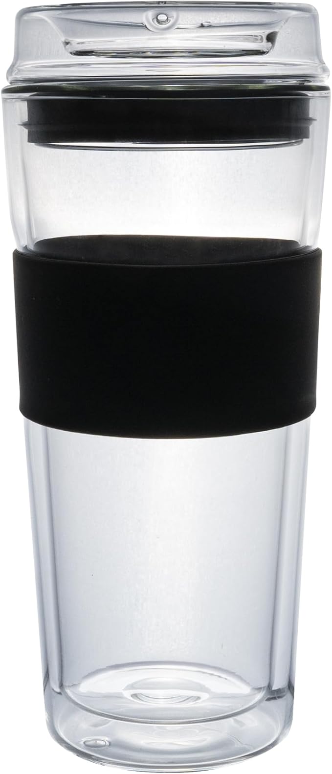 Double Wall Glass Tumbler 14 ounce All Glass Reusable Insulated Tea/Coffee Mug & Lid, Hand Blown Glass Travel Mug No Leaks, Silicone Grip for Easy Carry, Natural Taste